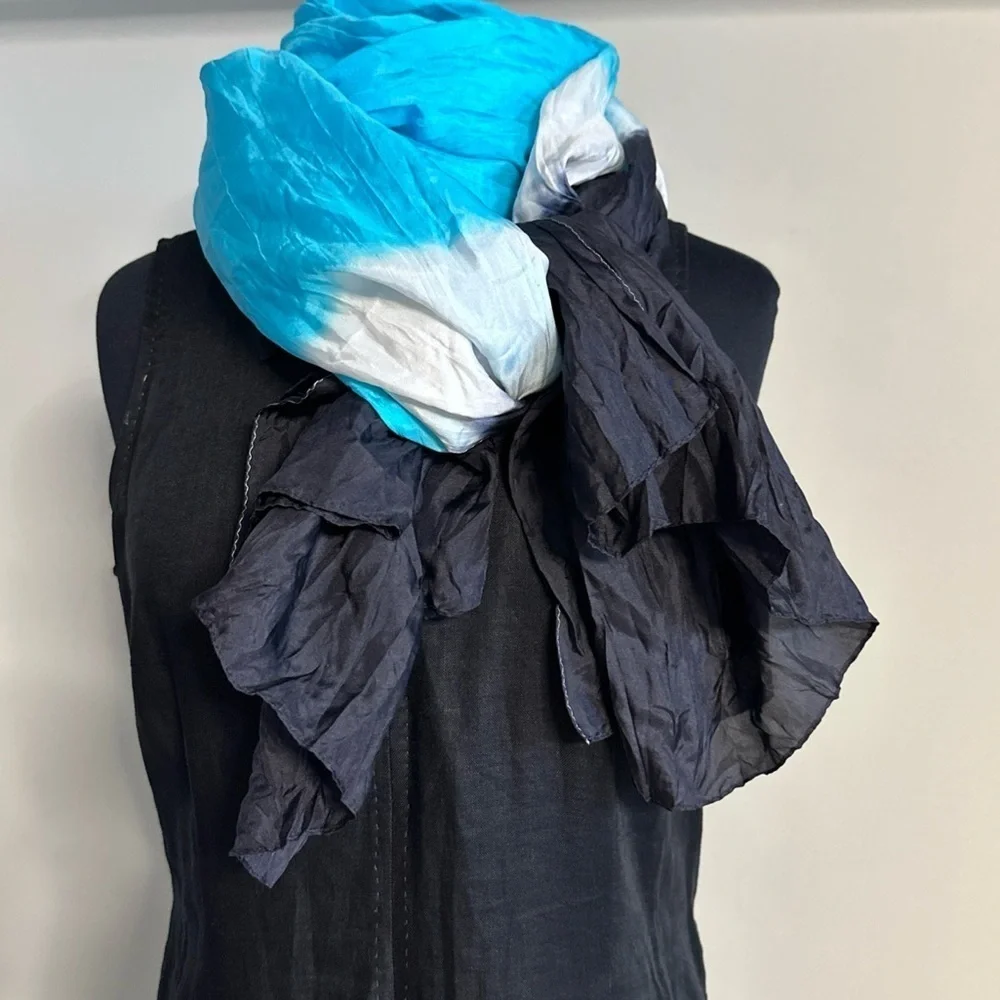 Elegant Large 32x70 Silk Scarf, Wrap, Beach Cover Blue, Black & white Women's